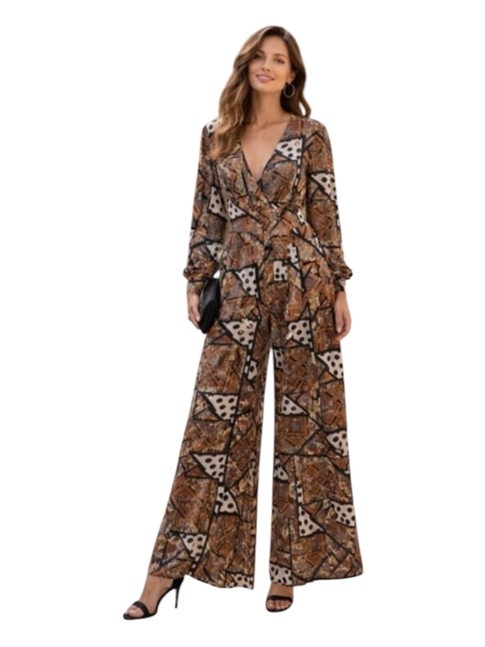 Glamorous Mixed Print Jumpsuit Boho Wide Leg Deep V Long Sleeve Pockets Sz 10
